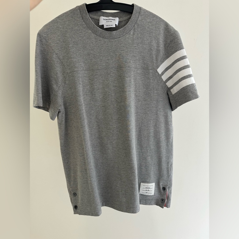 Thom Browne Gray Short Sleeve Tee with White Stripes